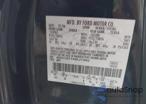 2006 Mercury Mariner Luxury/Premier z USA, uszkodzony, nr VIN 4M2YU571X6KJ11682